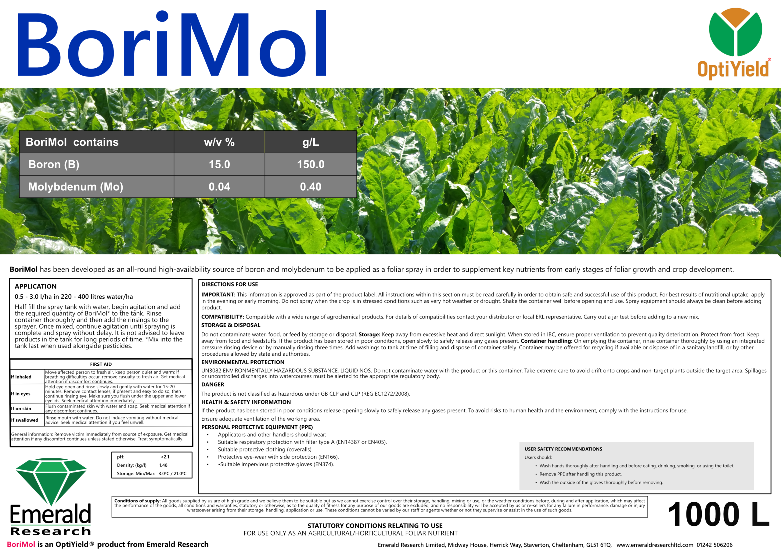 BoriMol foliar boron and molybdenum fertiliser label for arable and field vegetable crops