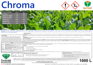 Chroma multi-nutrient foliar fertiliser label for zinc, magnesium, manganese, copper, nitrogen and sulphur crop nutrition