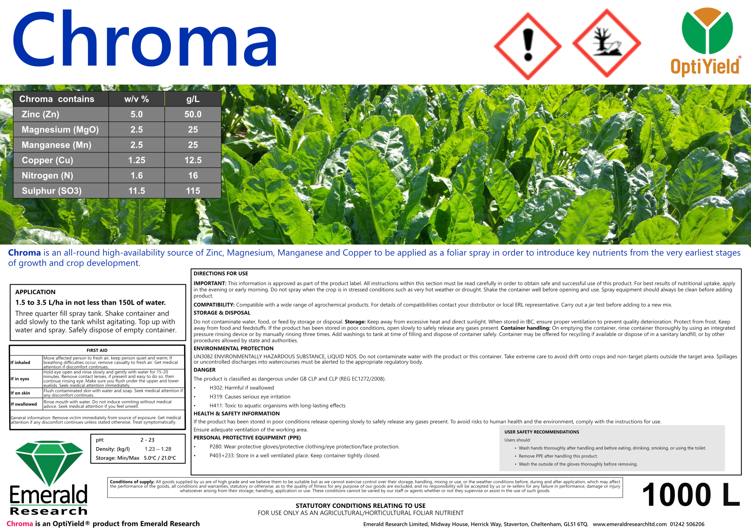 Chroma multi-nutrient foliar fertiliser label for zinc, magnesium, manganese, copper, nitrogen and sulphur crop nutrition