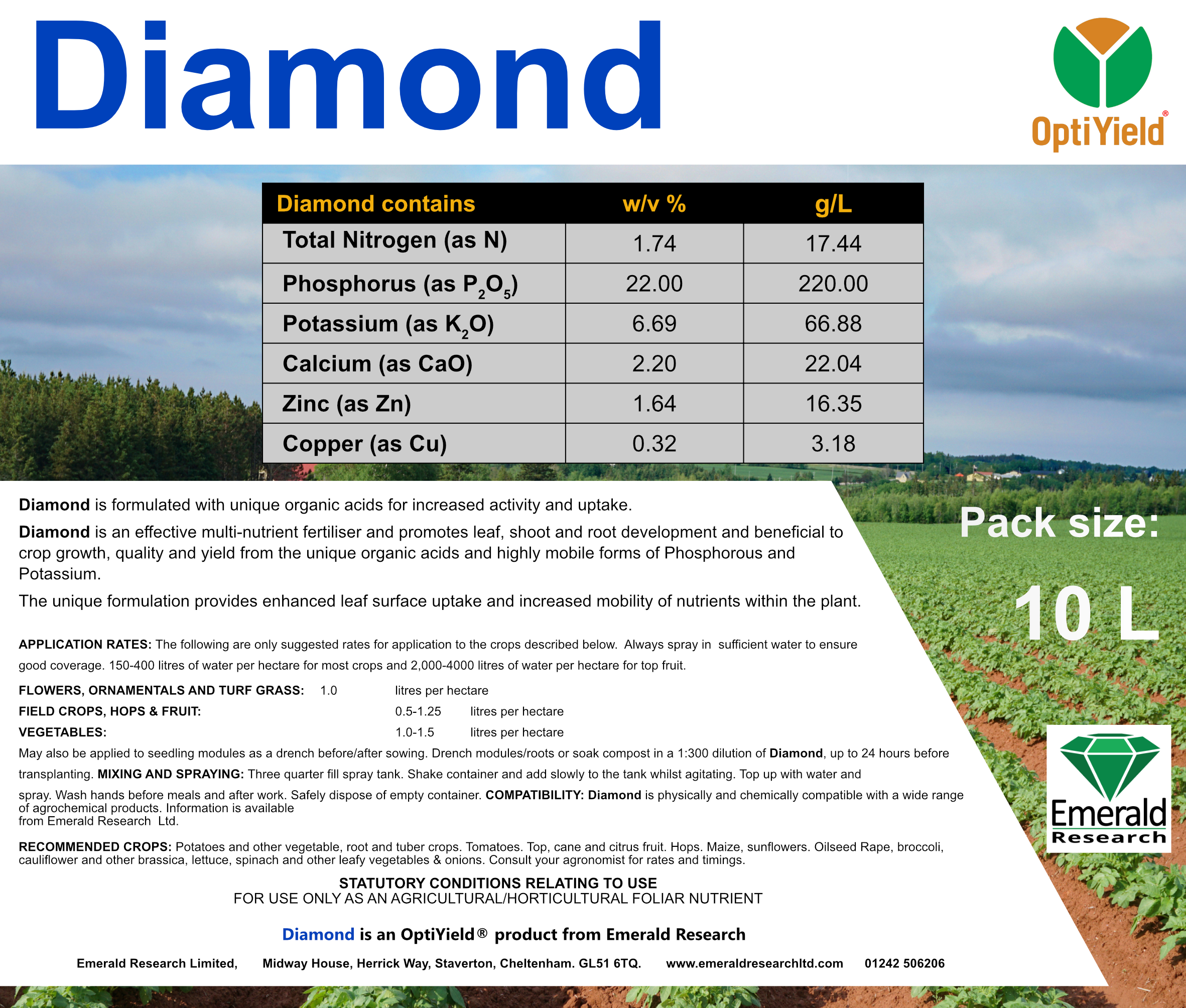 Diamond foliar biostimulant and multi-nutrient fertiliser label for crop rooting, vigour and nutrient uptake