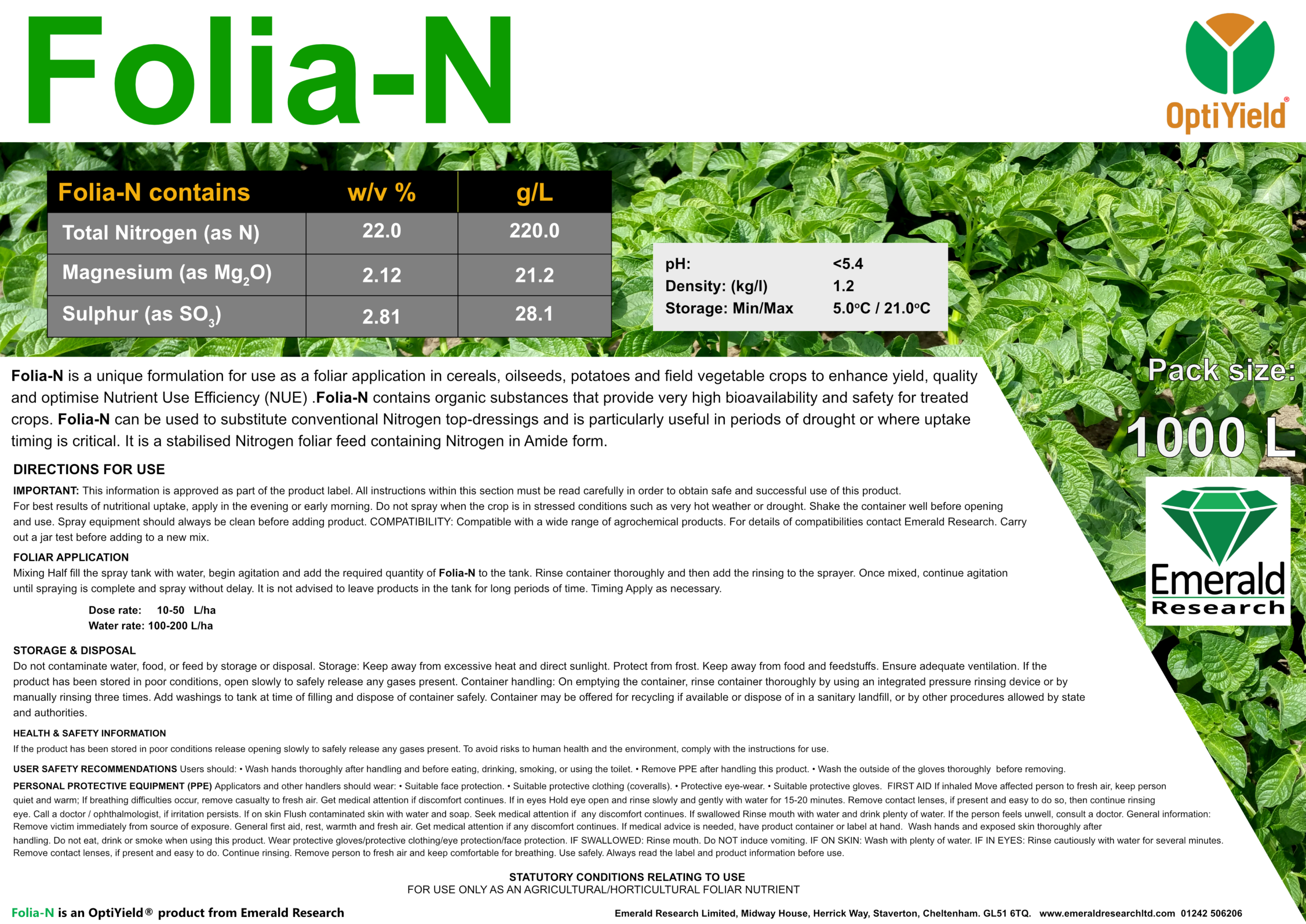 Folia-N foliar nitrogen fertiliser label for cereals, oilseeds, potatoes and field vegetable crops