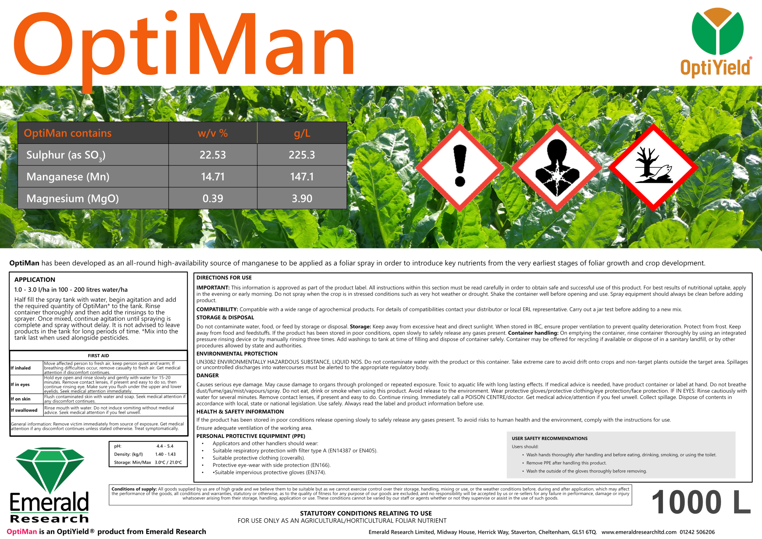 OptiMan foliar manganese fertiliser label for arable and field vegetable crops