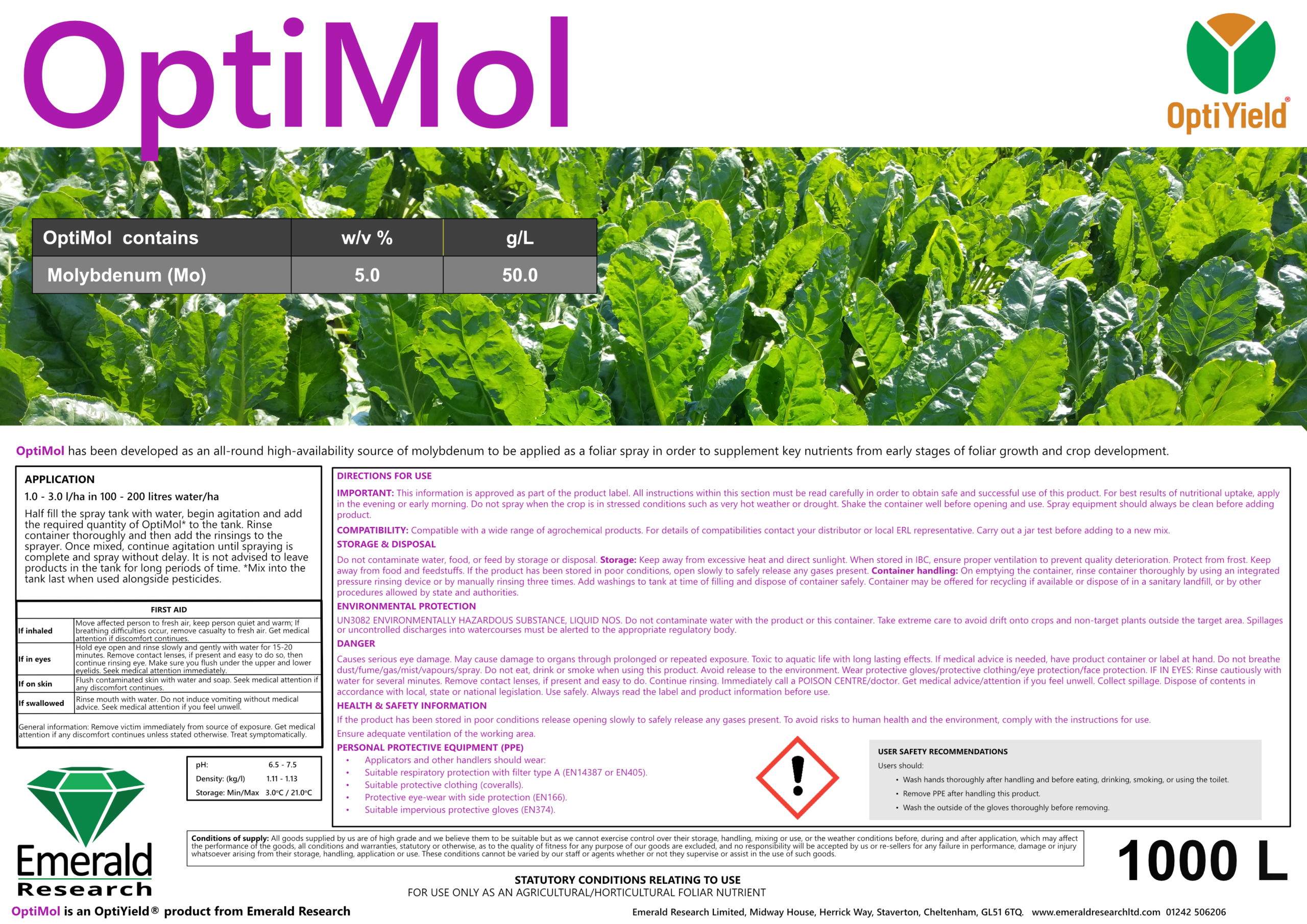 OptiMol foliar molybdenum fertiliser label for arable and field vegetable crops
