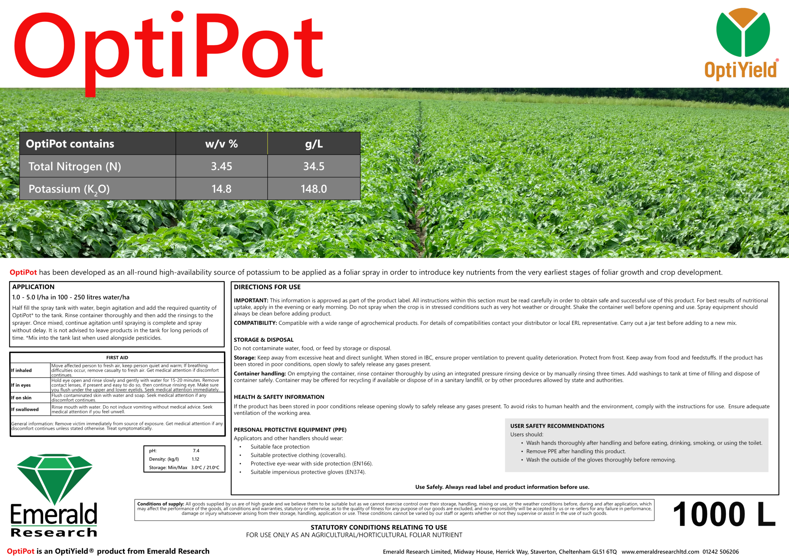 OptiPot foliar potassium fertiliser for arable and field vegetable crops