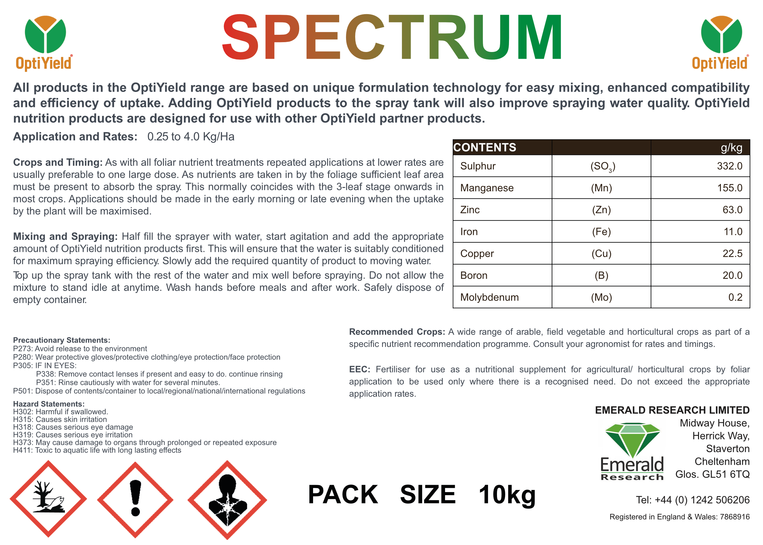 Spectrum broad range foliar micronutrient label for arable, field vegetable and horticultural crops