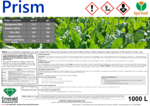 Prism foliar micronutrient and biostimulant label for manganese, zinc, copper and sulphur crop nutrition