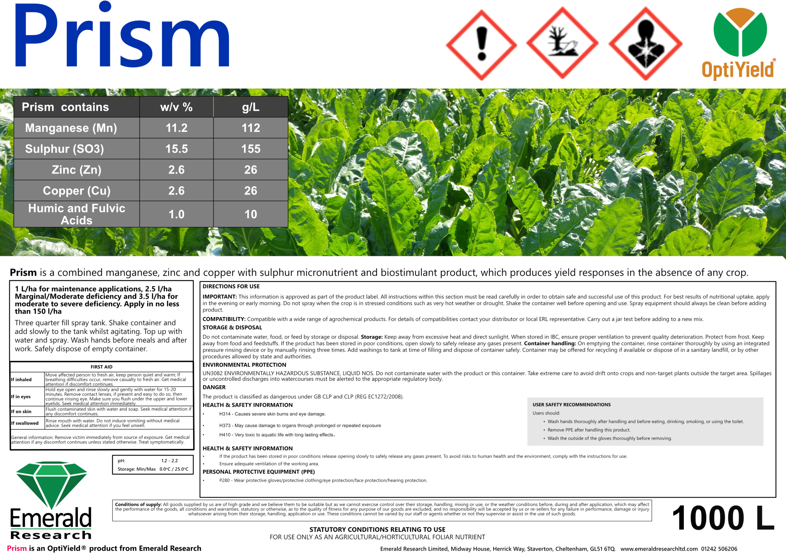 Prism foliar micronutrient and biostimulant label for manganese, zinc, copper and sulphur crop nutrition
