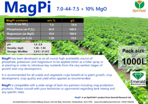 MagPi liquid phosphate, potassium and magnesium starter fertiliser label for potatoes, arable and vegetable crops