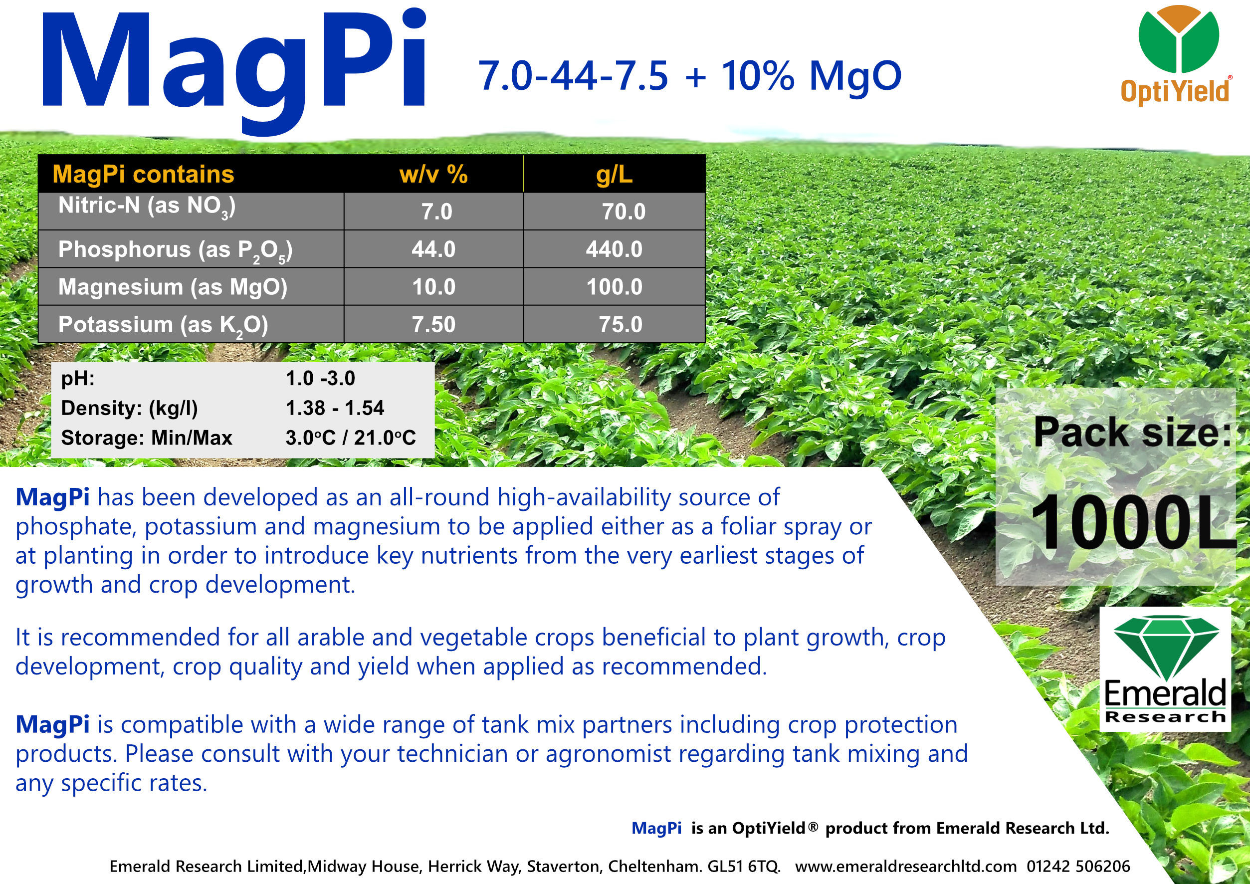 MagPi liquid phosphate, potassium and magnesium starter fertiliser label for potatoes, arable and vegetable crops