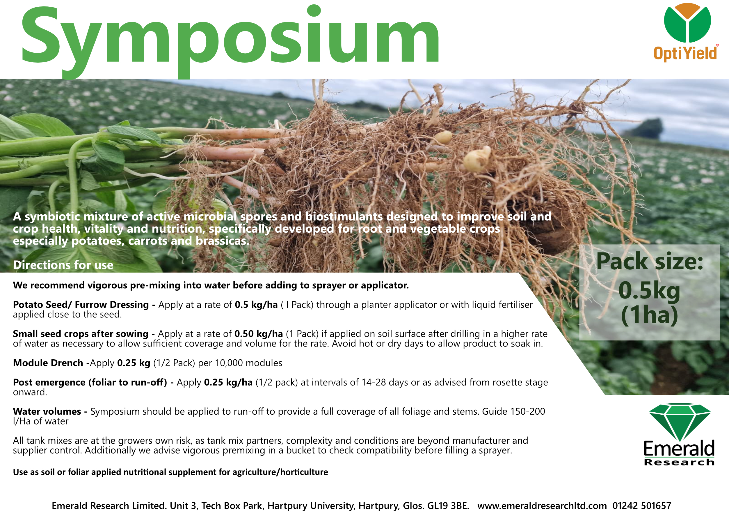 Symposium microbial biostimulant product label for potatoes, carrots, brassicas and vegetable crops